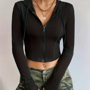 Casual Versatile Slim Fit Zipper Hooded Jacket,Drawstring Long Sleeve Yoga Crop Coat, Women’s Tops